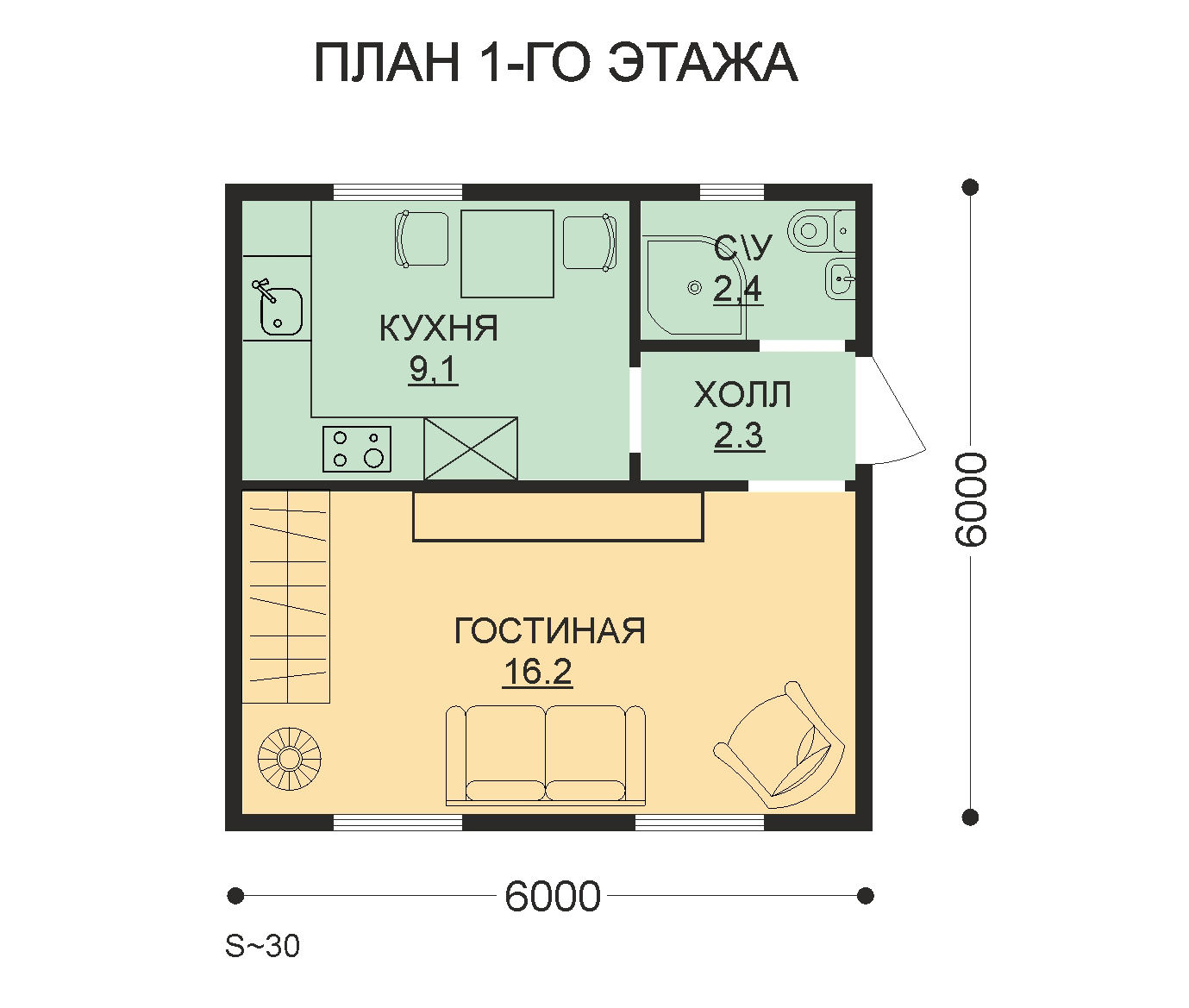 Проект ССК-30 О — дом 6х6 30 кв.м. — до 80 кв.м. от ССК-ДОМ